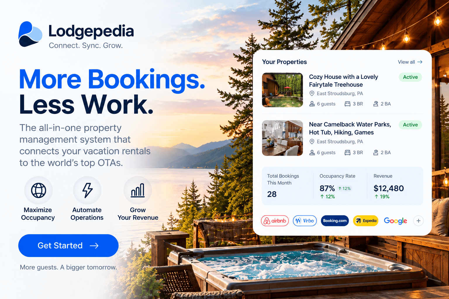 Lodgepedia property overview and booking insights beside a lakeside cabin
