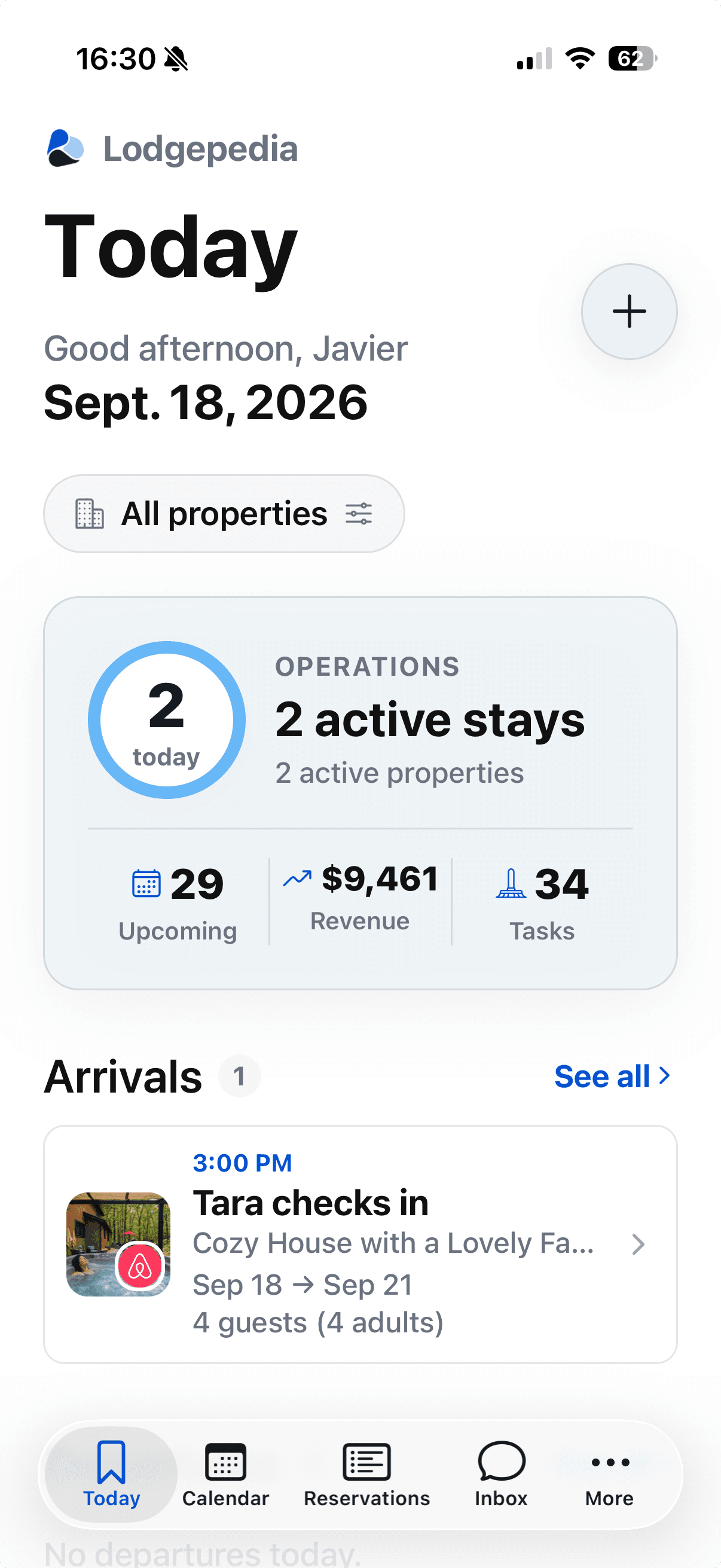 Lodgepedia iOS Today screen with two active stays and an upcoming arrival